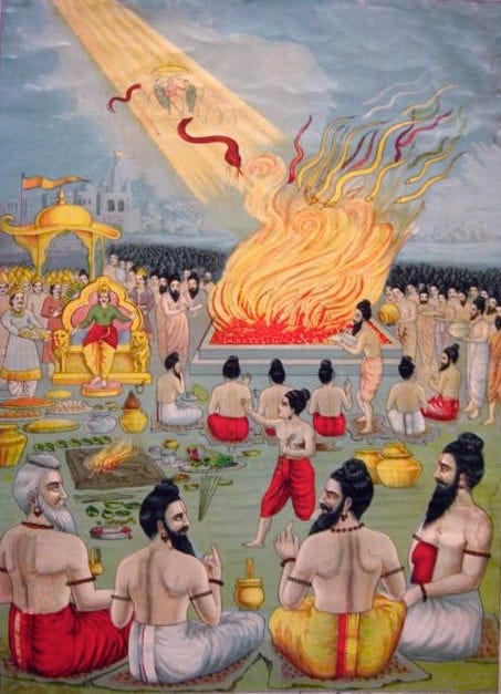 Stylized Indian painting of snakes falling from the sky into a great fire pit at a ceremony