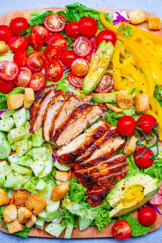 Chopped Chicken Salad — An EASY chopped salad with so much FLAVOR and CRUNCH topped with PERFECT juicy oven-baked chicken that's ready in 15 minutes!! Homemade honey apple cider vinaigrette adds the finishing touch!!