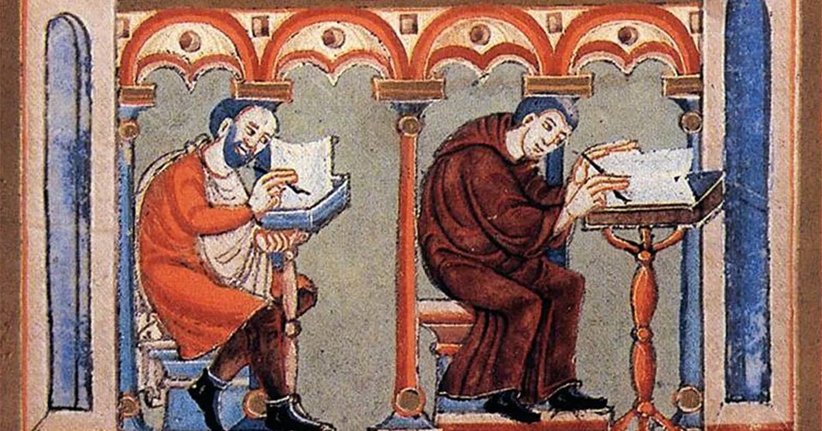 Medieval era illustrated manuscript showing two monks seated at desks working with ink quills on manuscripts Medieval era illustrated manuscript showing two monks seated at desks working with ink quills on manuscripts