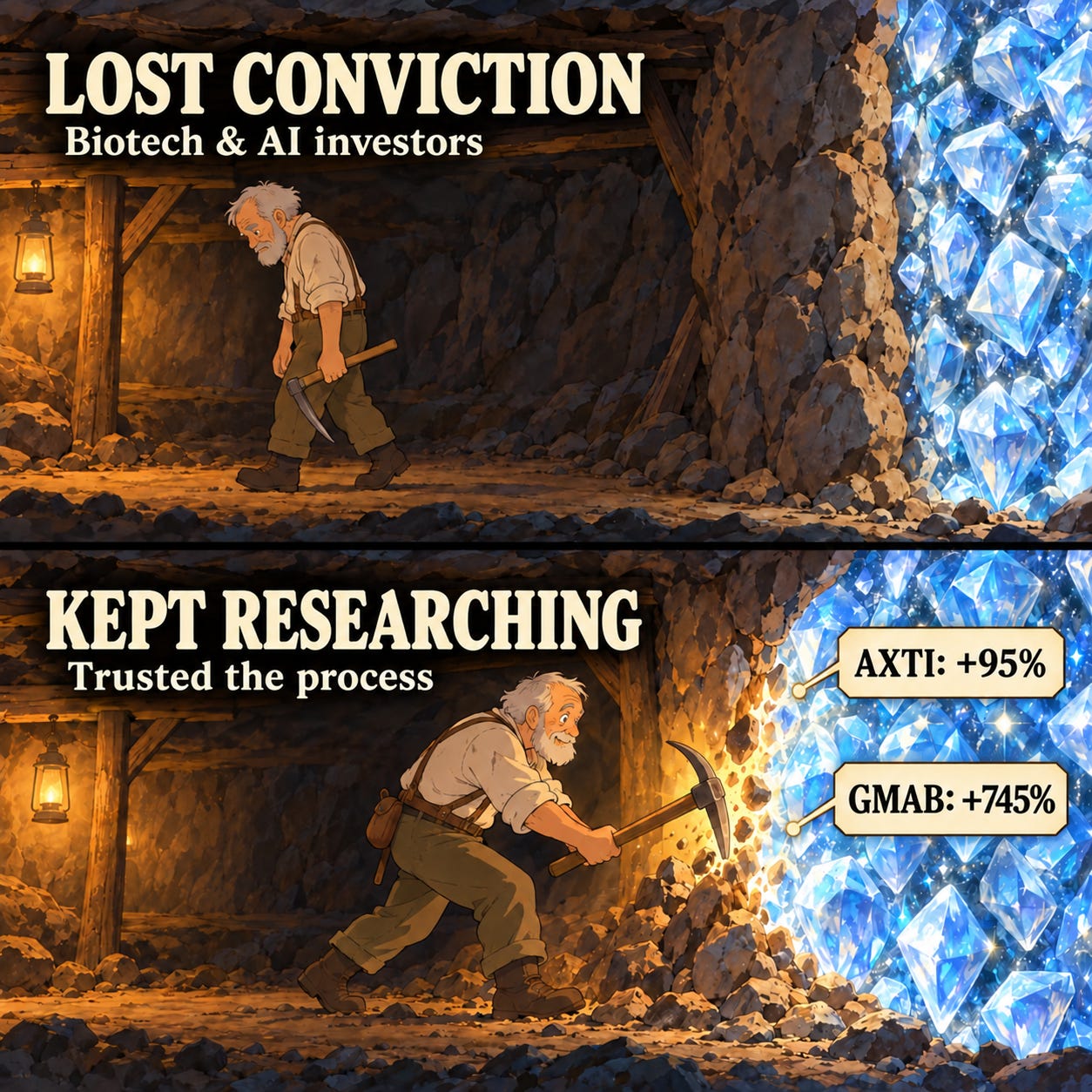 Two miners illustrate lost conviction versus continued research in biotech and AI: LOST CONVICTION—Biotech & AI investors; KEPT RESEARCHING—Trusted the process. Recent results highlighted: AXTI +95% on maximum risk and GMAB +745% on an extra call.