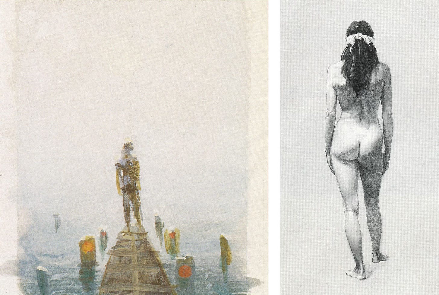 LEFT: Rough thumbnail color sketch for CAUSEWAY (1992), Acrylics on Paper - 3 ½” x 2 ½”. A figure stands at the end of a pier leading into the water. Wood posts marked with red and orange reflectors stick out of the water.  RIGHT: Figure study for CAUSEWAY (1992), Oils on Toned Canvas - 20” x 10”. A nude female figure posed from behind with one hip cocked as she take a step with her hands at her side. A white blindfold is tied at the back in contrast to her dark hair that spills down just past her shoulder blades.