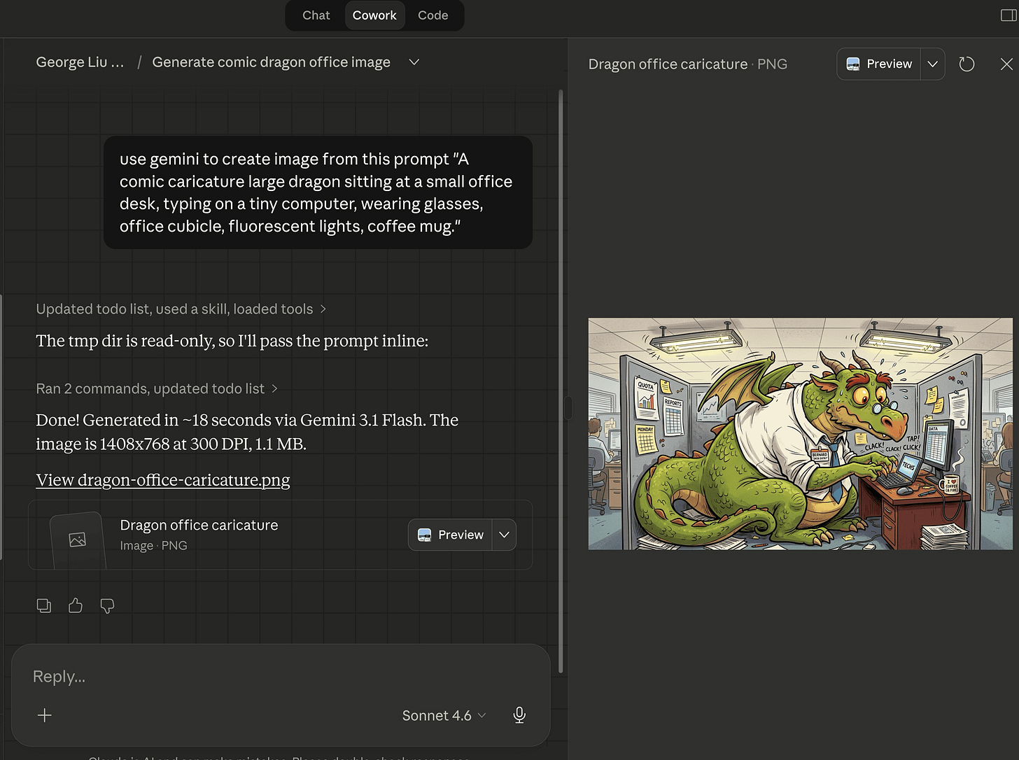 Claude Cowork MacOS app creating image using ai-image-creator skill Claude Cowork MacOS app creating image using ai-image-creator skill