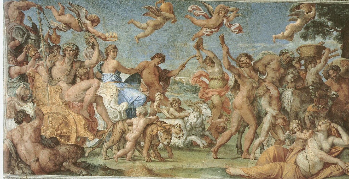 A crowded ceiling fresco of a procession of gods, satyrs and nudes around a chariot, framed by painted architecture.