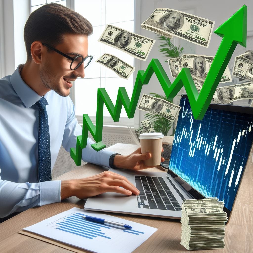 image of a corporate employee in a shirt and tie sitting at their desk during a lunch break, quickly glancing at a trading chart on a laptop showing bullish green candles, with stacks of cash appearing to grow out of the laptop screen representing potential profits from options trading.