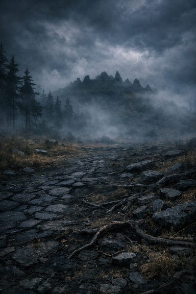 The bottom of Yester Hill — a bleak Barovian slope where dead grass meets cracked earth. The forest looms behind, its pines clawing at the mist. The hill rises ahead as a dark mass, its black cairns barely visible through swirling fog. Storm clouds churn above, lightning flickering faintly. The ground is uneven, scattered with ancient stones and twisted roots, the air heavy with dread.
