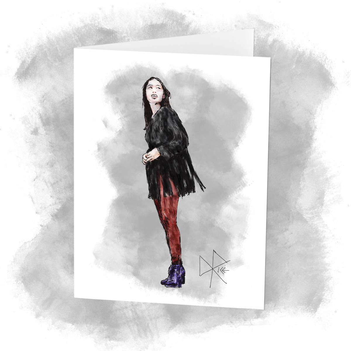 A woman standing tall - wearing a dark fringed shirt, red tights and high heeled boots. Sketch art by Don Rice.