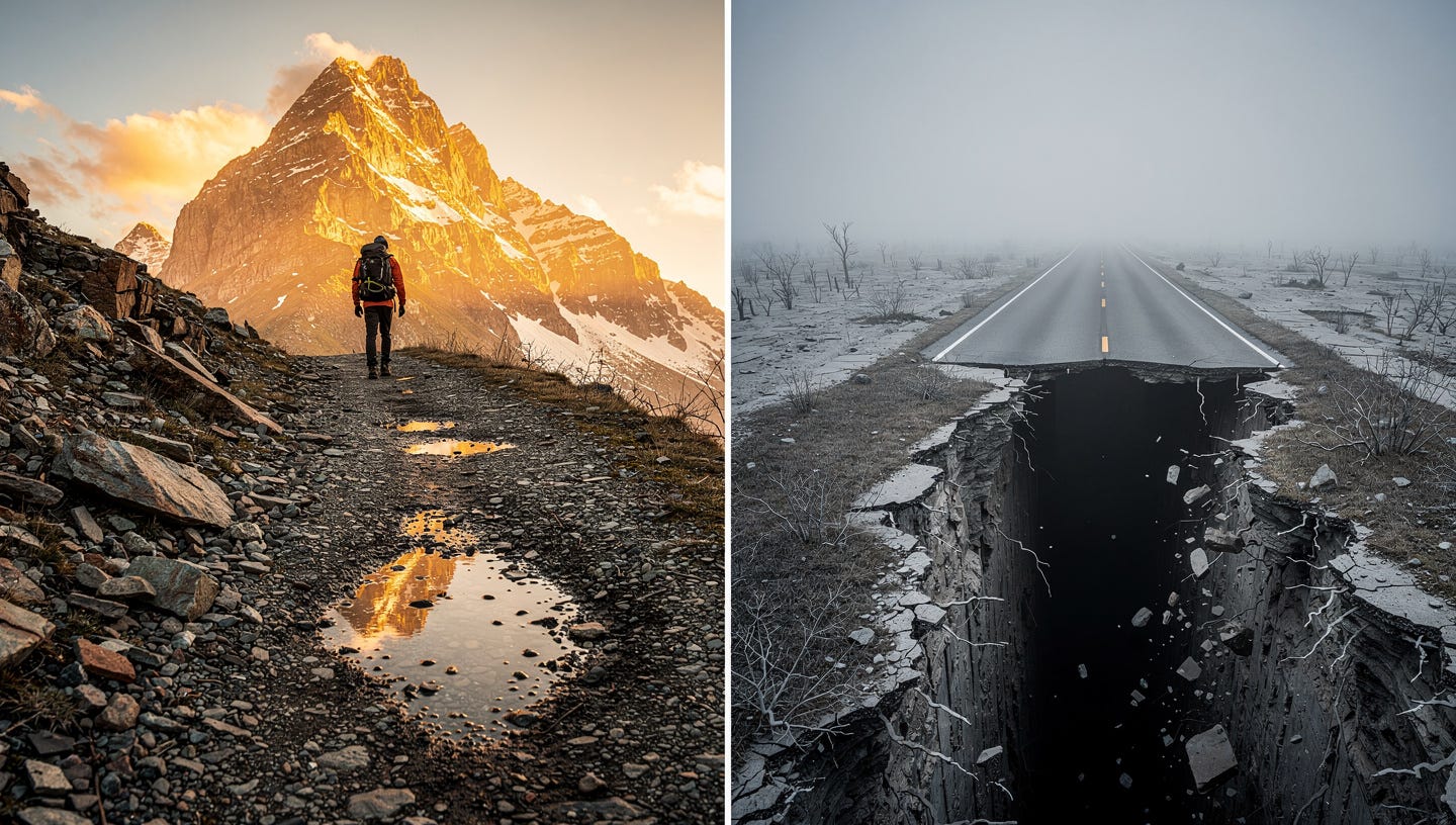 A split-screen cinematic composition. On the left side, a rugged, winding mountain path with rocks and small puddles, representing market volatility. A hiker is seen in the distance, steadily climbing toward a majestic, sun-drenched golden peak. On the right side, a perfectly smooth, straight, and paved asphalt road that looks deceptively safe, but it is gray and lifeless, and it abruptly ends at a dark, crumbling abyss or a deep cliff. The lighting on the left is warm and hopeful (sunrise); the lighting on the right is cold, foggy, and decaying. Hyper-realistic, 8k, wide-angle lens, professional conceptual photography, high contrast between growth and erosion. A split-screen cinematic composition. On the left side, a rugged, winding mountain path with rocks and small puddles, representing market volatility. A hiker is seen in the distance, steadily climbing toward a majestic, sun-drenched golden peak. On the right side, a perfectly smooth, straight, and paved asphalt road that looks deceptively safe, but it is gray and lifeless, and it abruptly ends at a dark, crumbling abyss or a deep cliff. The lighting on the left is warm and hopeful (sunrise); the lighting on the right is cold, foggy, and decaying. Hyper-realistic, 8k, wide-angle lens, professional conceptual photography, high contrast between growth and erosion.