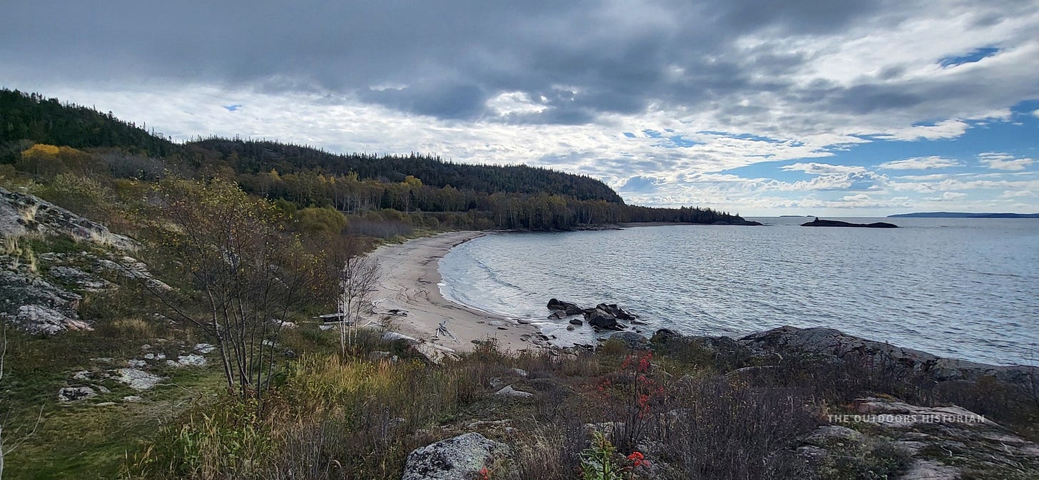 A view from a rocky, lichen-covered point looking back into a curved bay. The water is calm and blue, and the shoreline is lined with dense green forest.