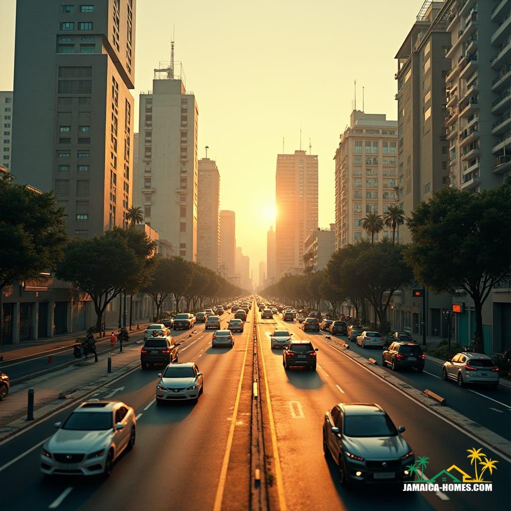 A futuristic smart cityscape in Jamaica, Caribbean, teeming with sensor-driven traffic management systems, efficient waste infrastructure, and AI-powered safety features, bathed in warm, golden light, with a subtle film grain and vignette, evoking a cinematic feel, reminiscent of a 35mm film still, shot on a V-Raptor XL camera, with post-processing techniques that enhance the atmospheric and dramatic qualities of the scene, with a color grade that amplifies the vibrant Caribbean colors, blending the tropical landscape with sleek, modern architecture, in the style of Syd Mead, Simon Stalenhag, and Ash Thorp, with their signature blend of futuristic and dystopian elements, infused with a sense of epic grandeur and stunning visual complexity.