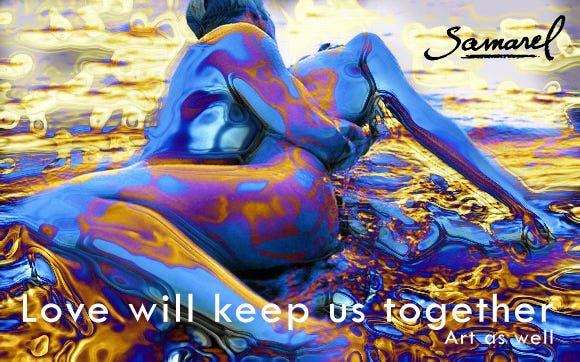 Erotic sex art image of a couple hugging nude on the beach