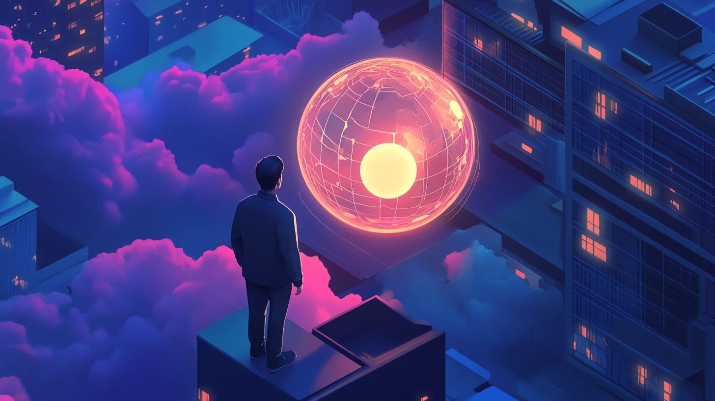 A person stands on a rooftop at night, looking at a glowing digital globe floating among colorful clouds and city buildings.