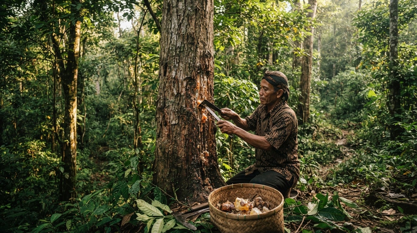 A local Indonesian farmer harvesting natural benzoin resin (kemenyan) from a Styrax tree bark in the forest, placing the harvested resin into a woven basket.
