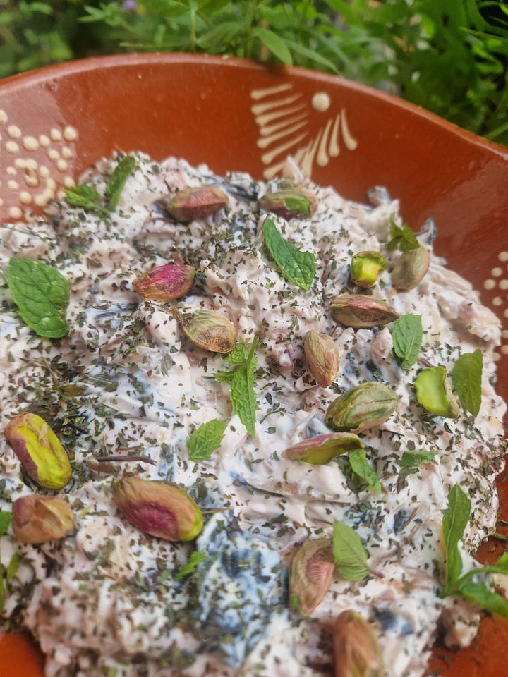 A semifrodo experiment, blackcurrants & yogurt, crispy rice seaweed wraps, golden beetroot & herb salad, naked beetroot, beetroot borani, tomato and strawberry salad