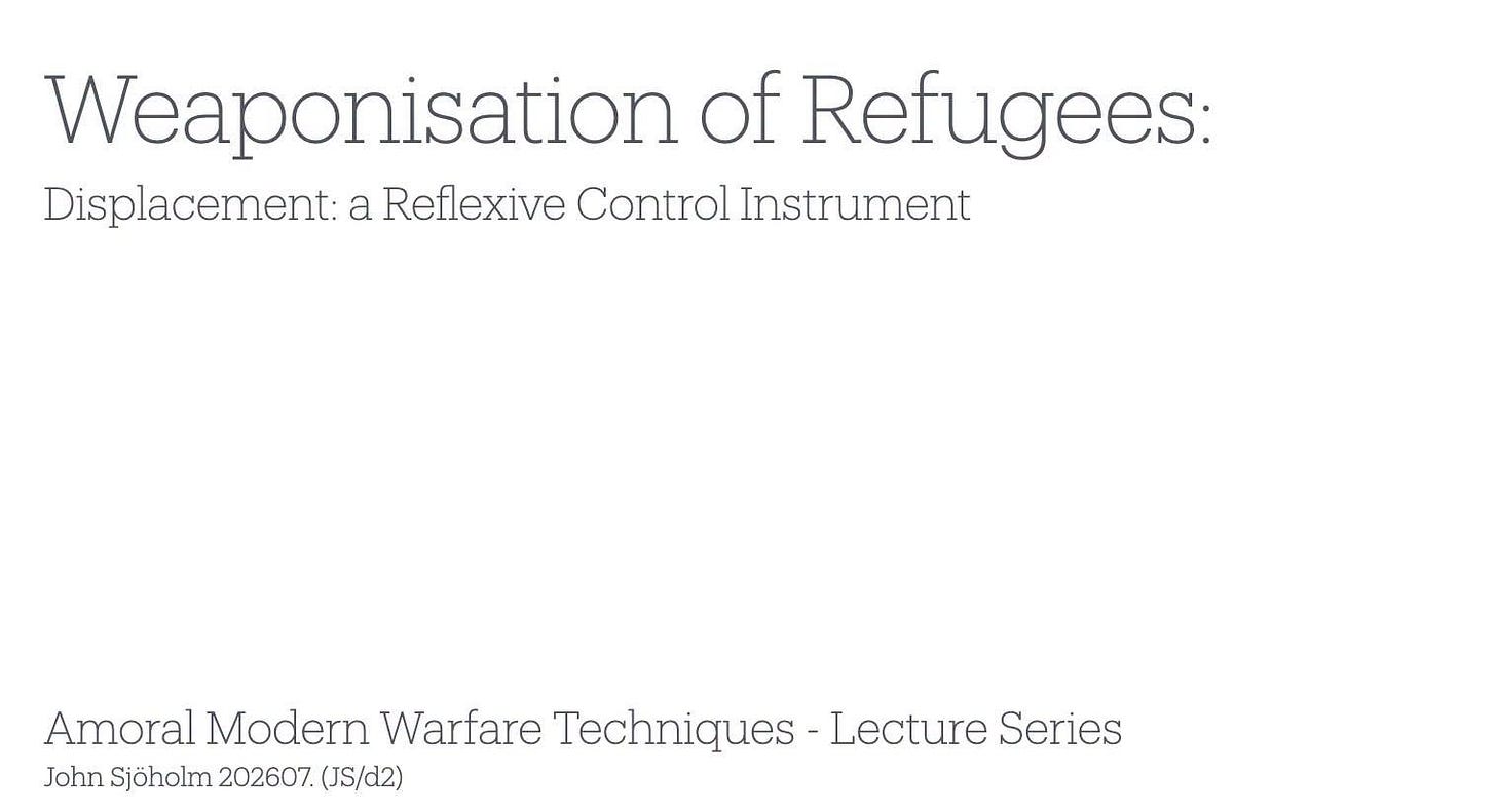 May be an image of map and text that says "Weaponisation of Refugees: Displacement: a Reflexive Control Instrument Amoral Modern Warfare Techniques Lecture Series John Sjöholm 202607. (JS/d2)"