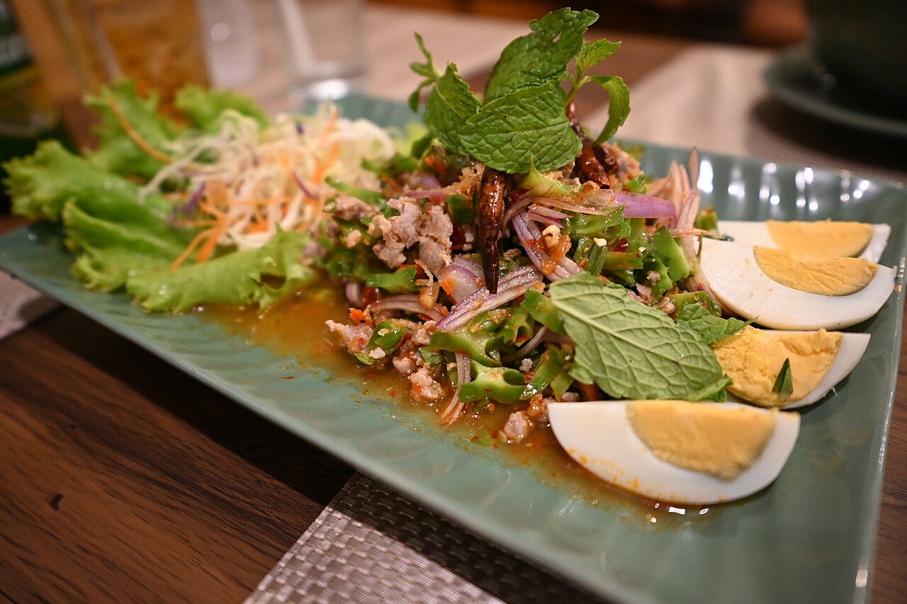 Photo: PattayaPatrol / Wikimedia Commons (CC BY-SA 4.0) This photo shows a beautifully presented Thai salad served on a rectangular turquoise plate. The dish appears to be a traditional larb or spicy minced meat salad, topped with fresh mint leaves, red onions, and what looks like ground toasted rice. On