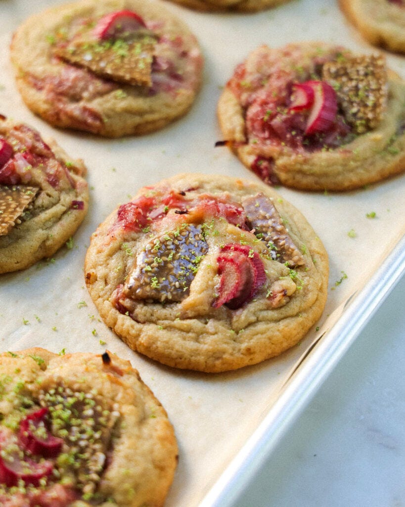 Rhubarb cookies topped with lime zest and sesame bark.
