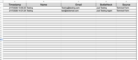 screen shots of the acrid lead form accepting inputs, showing the confirmation screen, and then showing the form loaded into a google sheet with the name, email, and bottleneck
