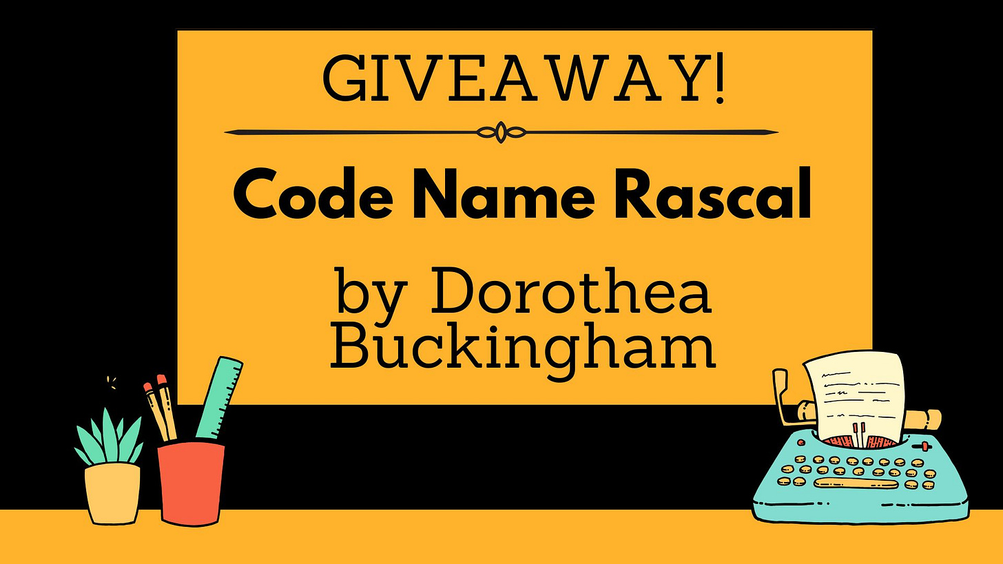 Giveaway Graphic with typewriter for Code Name Rascal book by Dorothea Buckingham Giveaway Graphic with typewriter for Code Name Rascal book by Dorothea Buckingham