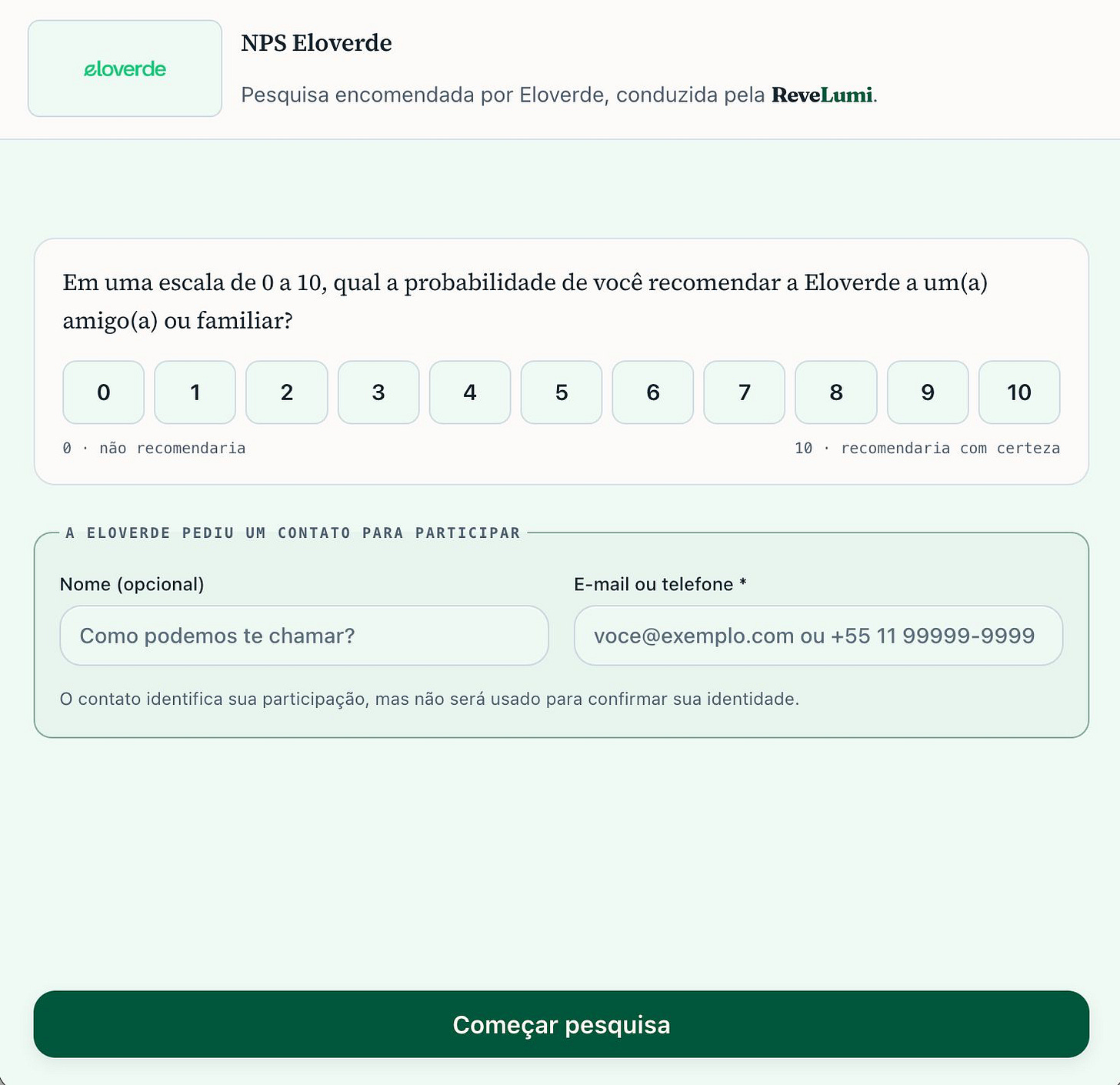 Exemplo de pesquisa NPS Eloverde customizada exibindo logomarca, escala de zero a dez e campos para identificação