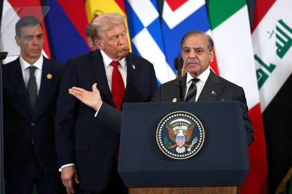 Pakistan’s prime minister, Shehbaz Sharif, speaks next to President Trump during a world leaders’ summit on ending the Gaza war last year in Egypt. Sharif is holding his hand out in front of Trump. Pakistan’s prime minister, Shehbaz Sharif, speaks next to President Trump during a world leaders’ summit on ending the Gaza war last year in Egypt. Sharif is holding his hand out in front of Trump.