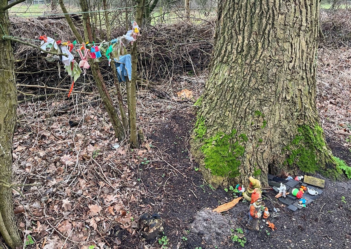 taken from a bit futher away this is the overview of the scene: the washing line and then, bottom right, the 'offerings' left for the fairies