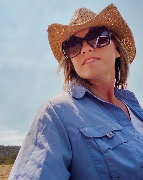 A gallery from the Redwing Ranch field day: attendees walking single-file across the grassland toward distant hills, a close-up portrait of a woman in a straw cowboy hat and sunglasses, and two people in conversation while seated on the open tailgate of a pickup truck.