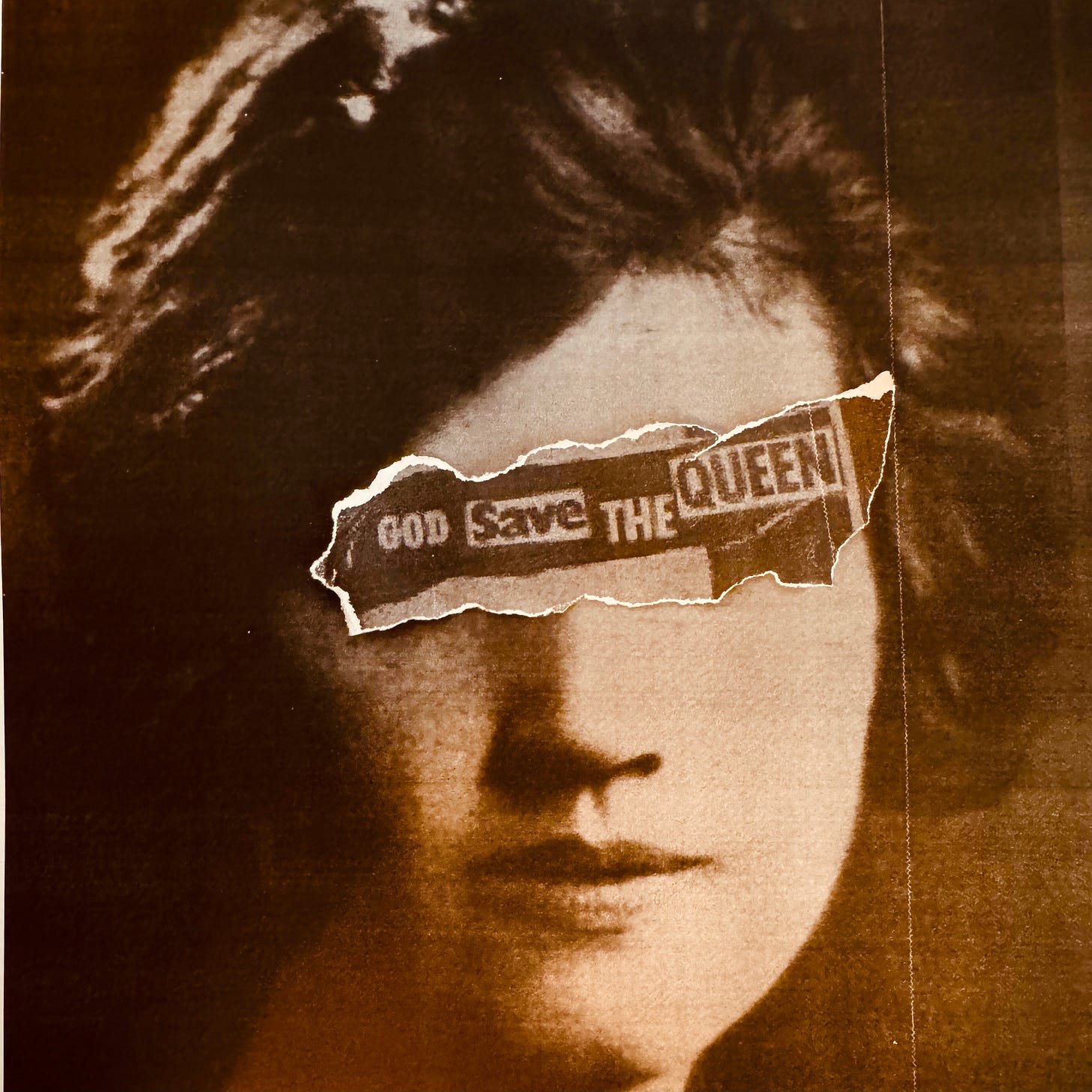 Woman's face (Jennie Lee) with God Save The Queen in 'ransom note' text collaged over here eyes - similar to cover of God Save the Queen by Sex Pistols