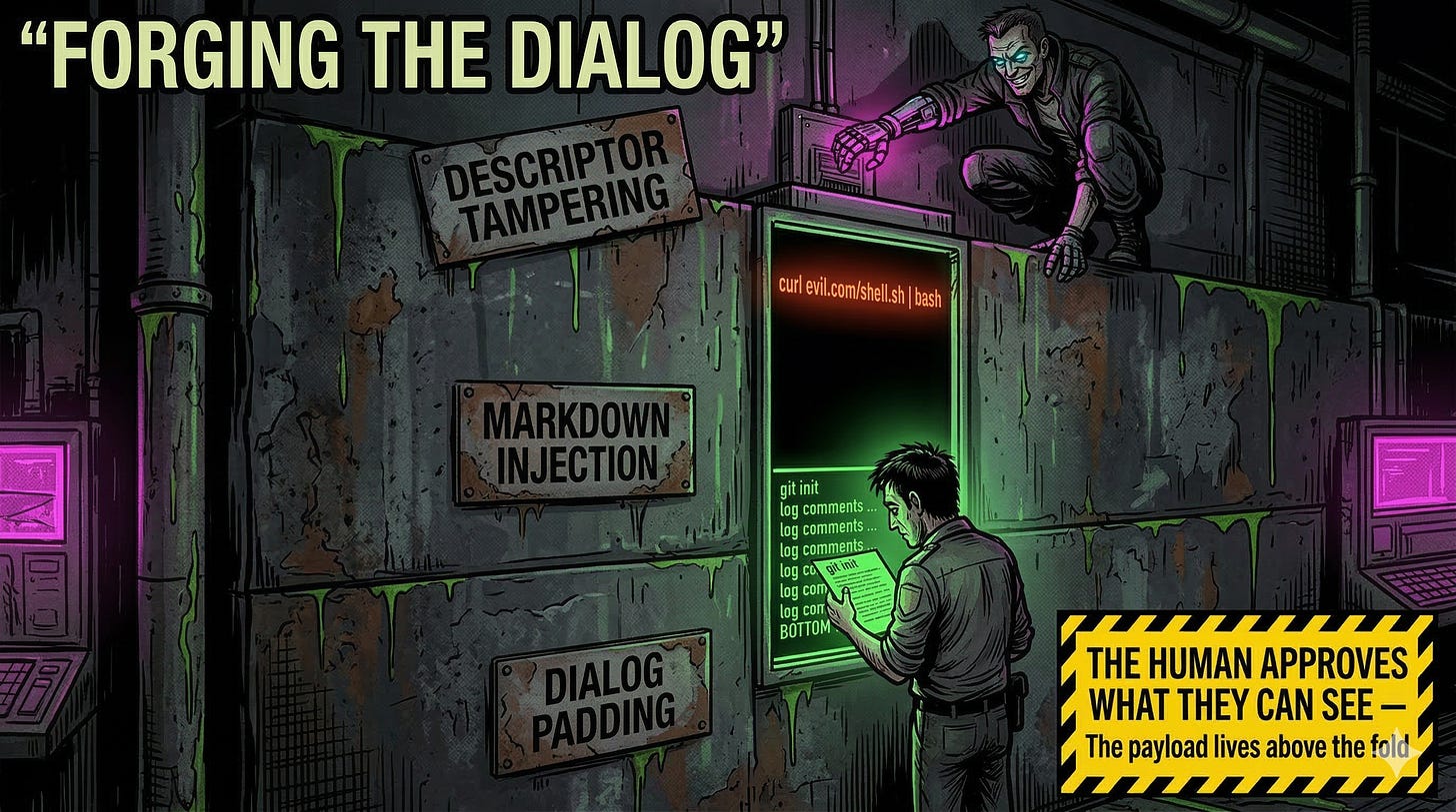 Lies-in-the-Loop LITL dialog padding Markdown injection action descriptor tampering HITL dialog forging prompt injection