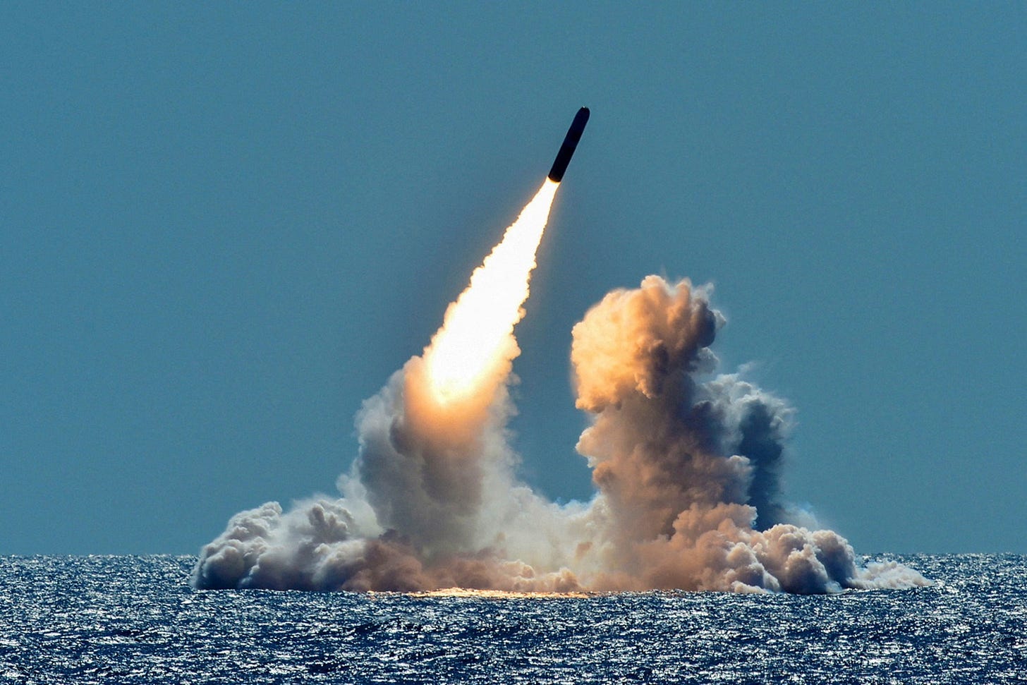 An unarmed Trident II D5 missile is test-launched from the Ohio-class U.S. Navy ballistic missile submarine USS Nebraska off the coast of California, U.S. March 26, 2018. An unarmed Trident II D5 missile is test-launched from the Ohio-class U.S. Navy ballistic missile submarine USS Nebraska off the coast of California, U.S. March 26, 2018.
