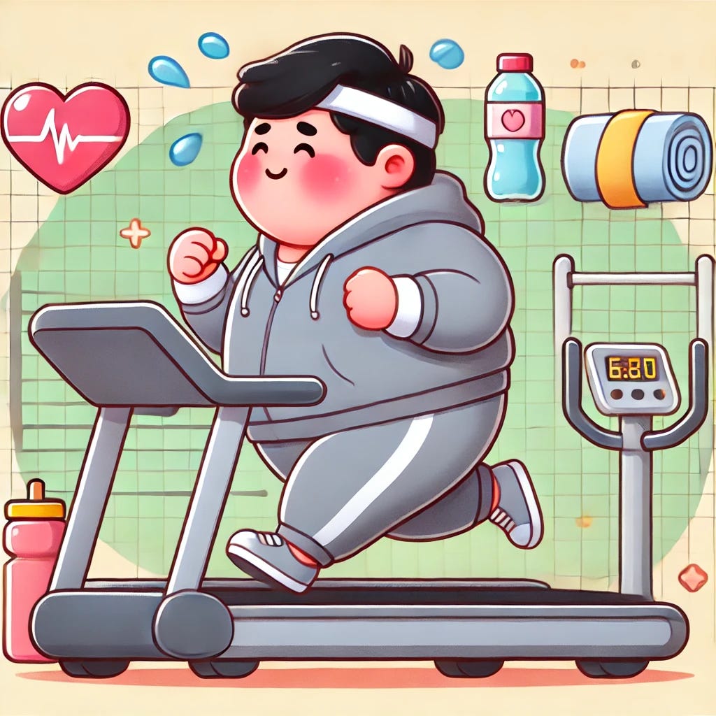 A cartoon-style illustration of an overweight person exercising in a grey sweat suit, jogging on a treadmill and sweating. The person looks determined and is surrounded by motivational elements like a water bottle, a small towel, and a background with subtle gym details. The scene is colorful and engaging, with a lighthearted and encouraging vibe.