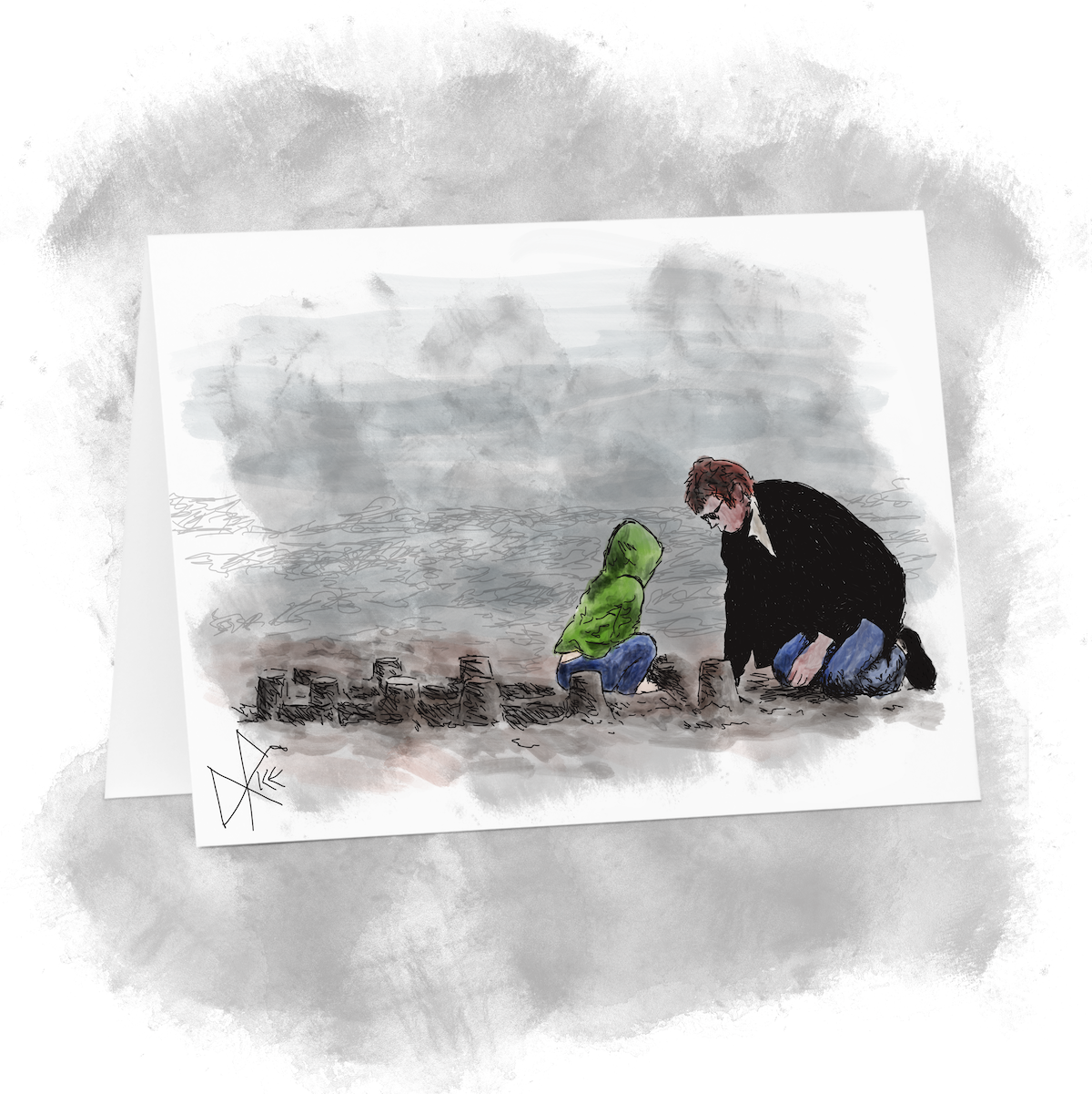 Father and child, jacketed for the somewhat cool weather, building a sand fort on the beach. Sketch art by Don Rice. Father and child, jacketed for the somewhat cool weather, building a sand fort on the beach. Sketch art by Don Rice.