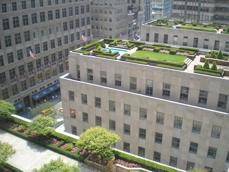 Three rooftops with green lawns and wide walking paths.