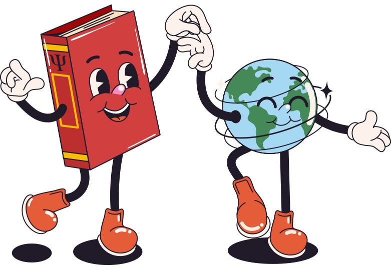 A cartoon of the APA Ethics Code book dancing with a cartoon Earth, representing how to apply the code of ethics in the real world.