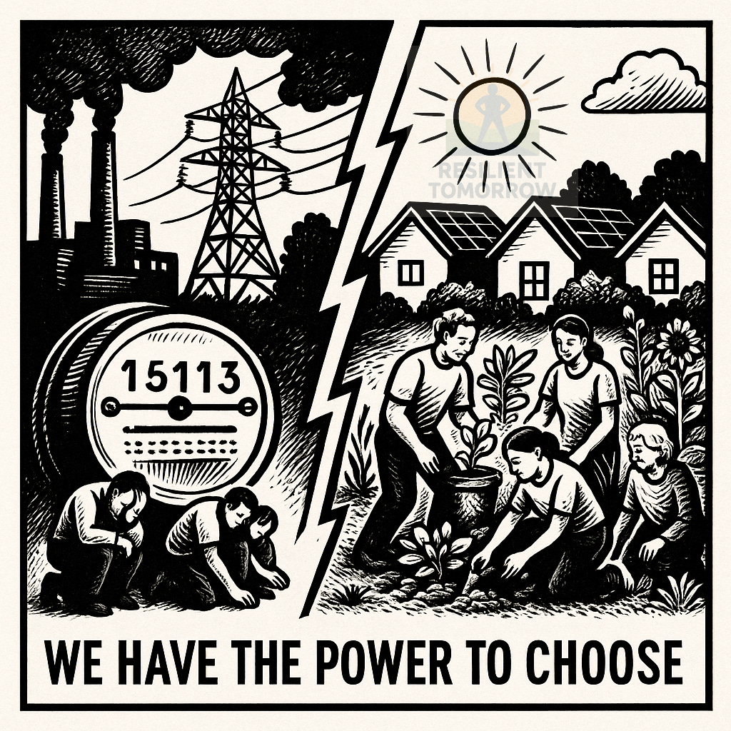 Black-and-white political cartoon split by a lightning bolt: on the left, smokestacks, power lines, and people crushed under a giant utility meter; on the right, a neighborhood with solar panels, gardens, and people working together. Caption: ‘We have the power to choose.’