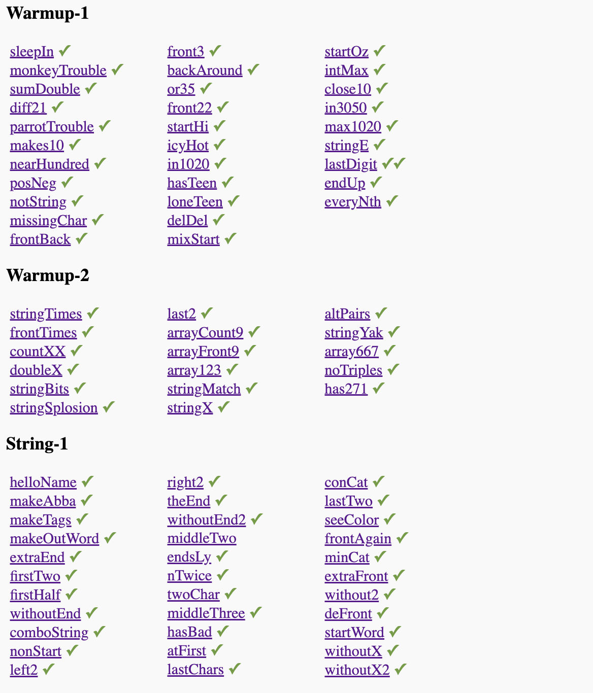 Visited links with checkmarks next to them, indicating completed exercises