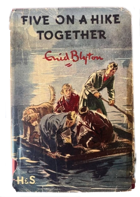 Famous five on a raft on moonit lake