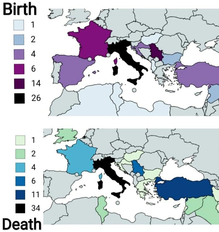 Birth and death locations of Roman Emperors (Augustus to Theodosius),  modern borders : r/MapPorn