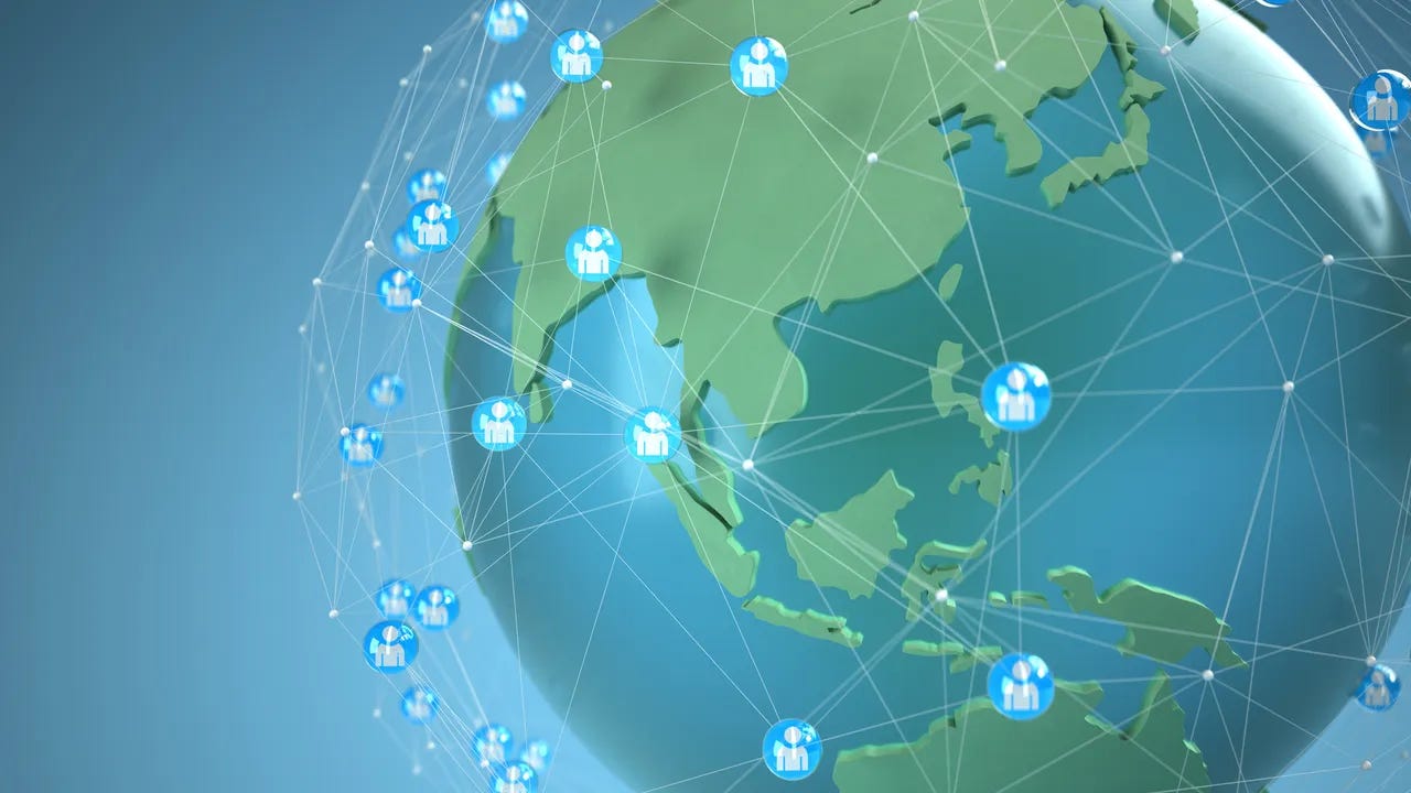 Globo terrestre envolto por uma rede que conecta pessoas
