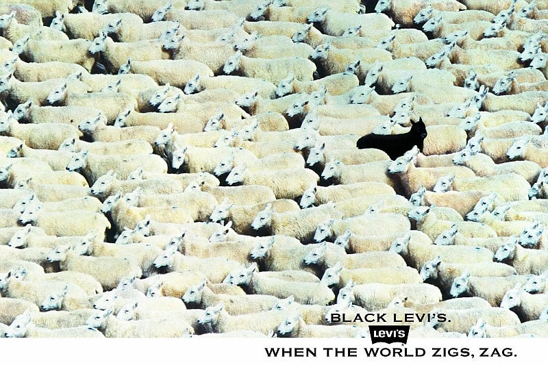 An advertising poster showing a single black sheep among a mass of white ones, facing the other way