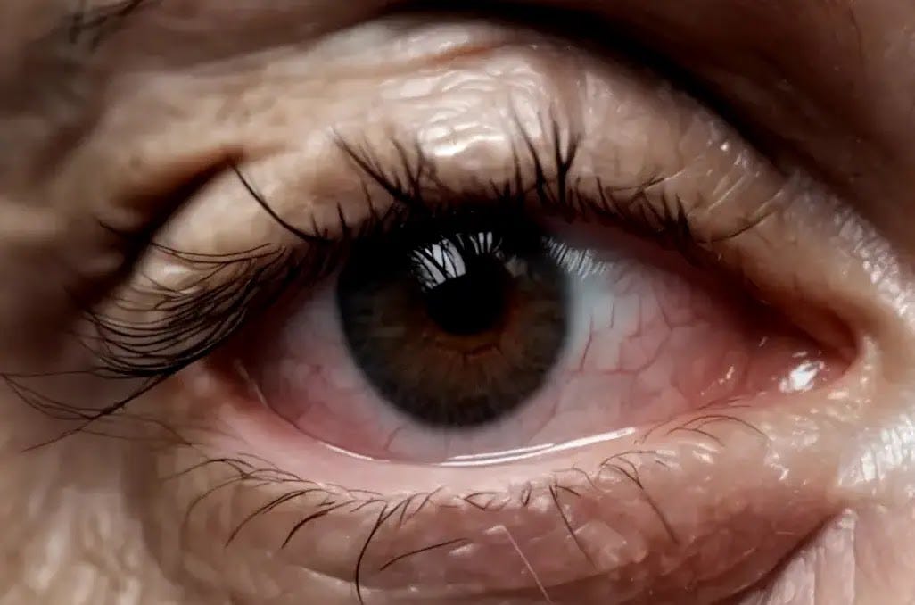 Close-up image of an individual with psoriasis on their eyelids, showcasing the redness, scaling, and inflammation surrounding the eyes. This detailed photograph captures the visible symptoms of psoriasis in a striking manner, emphasizing the impact of the condition on the delicate skin around the eyes.