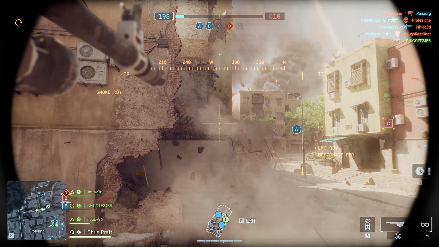 Siege of Cairo: first person POV of a tank destroying the corner of a building, causing bricks to fall and smoke to rise.