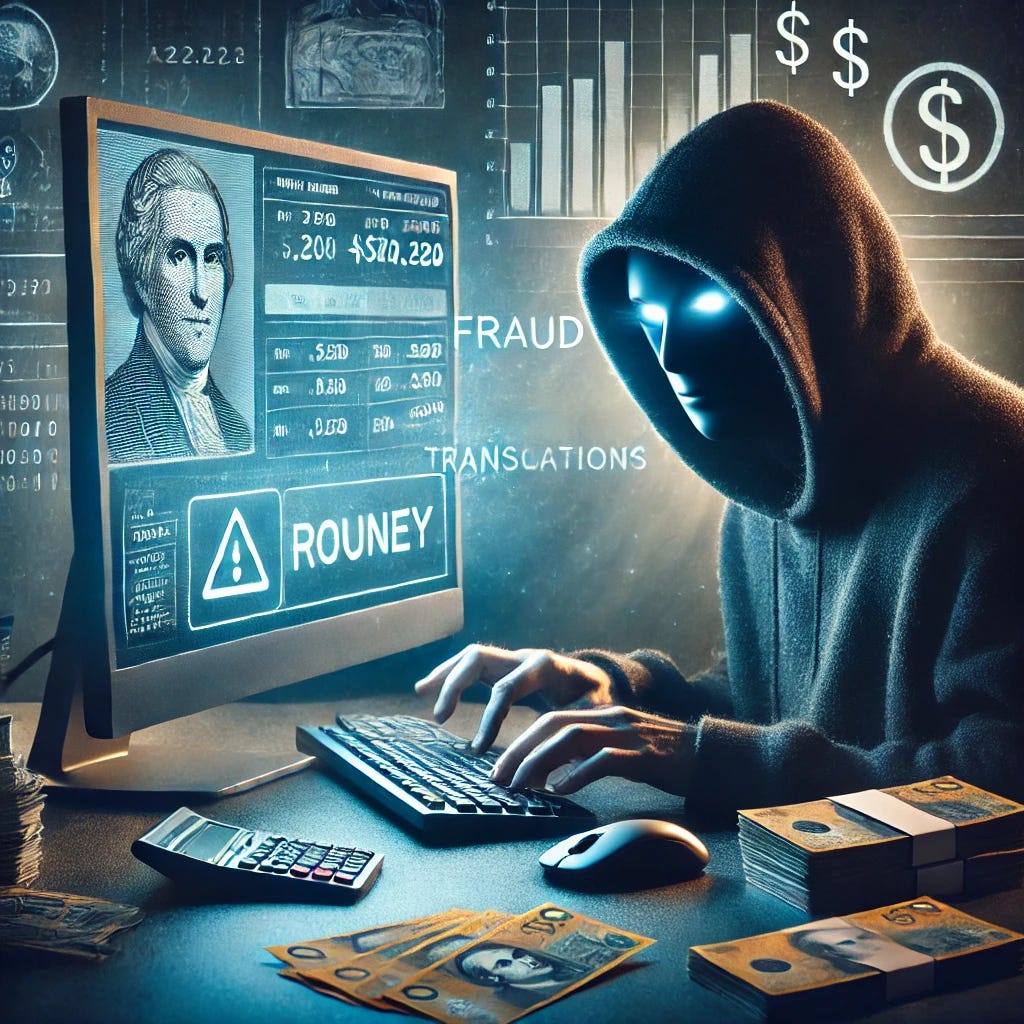 A conceptual illustration of fraud, depicting a shadowy figure in a hood secretly manipulating financial documents in a dimly lit office. The computer screen glows with suspicious transactions, and a masked face is faintly reflected in the screen. Australian dollar banknotes are scattered around, and money symbols with warning signs subtly blend into the background to enhance the theme of deception and crime.