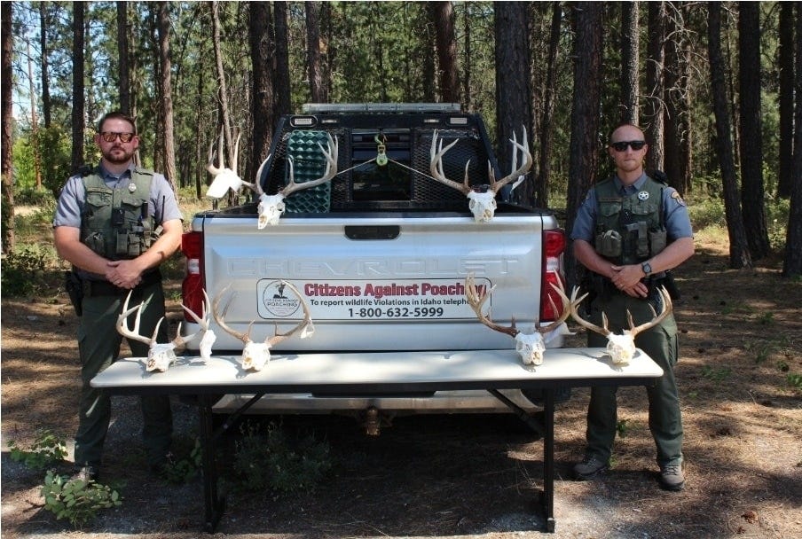 May be an image of 2 people, deer and text that says "Citizens CitizensAgalnstPoach Against Poach PORCHSNG To epo wildlife wildlifeViolations Violationsin Idaho teleph 1-800-632-5999 Chtzens/AgeinstPochv 1- 800"