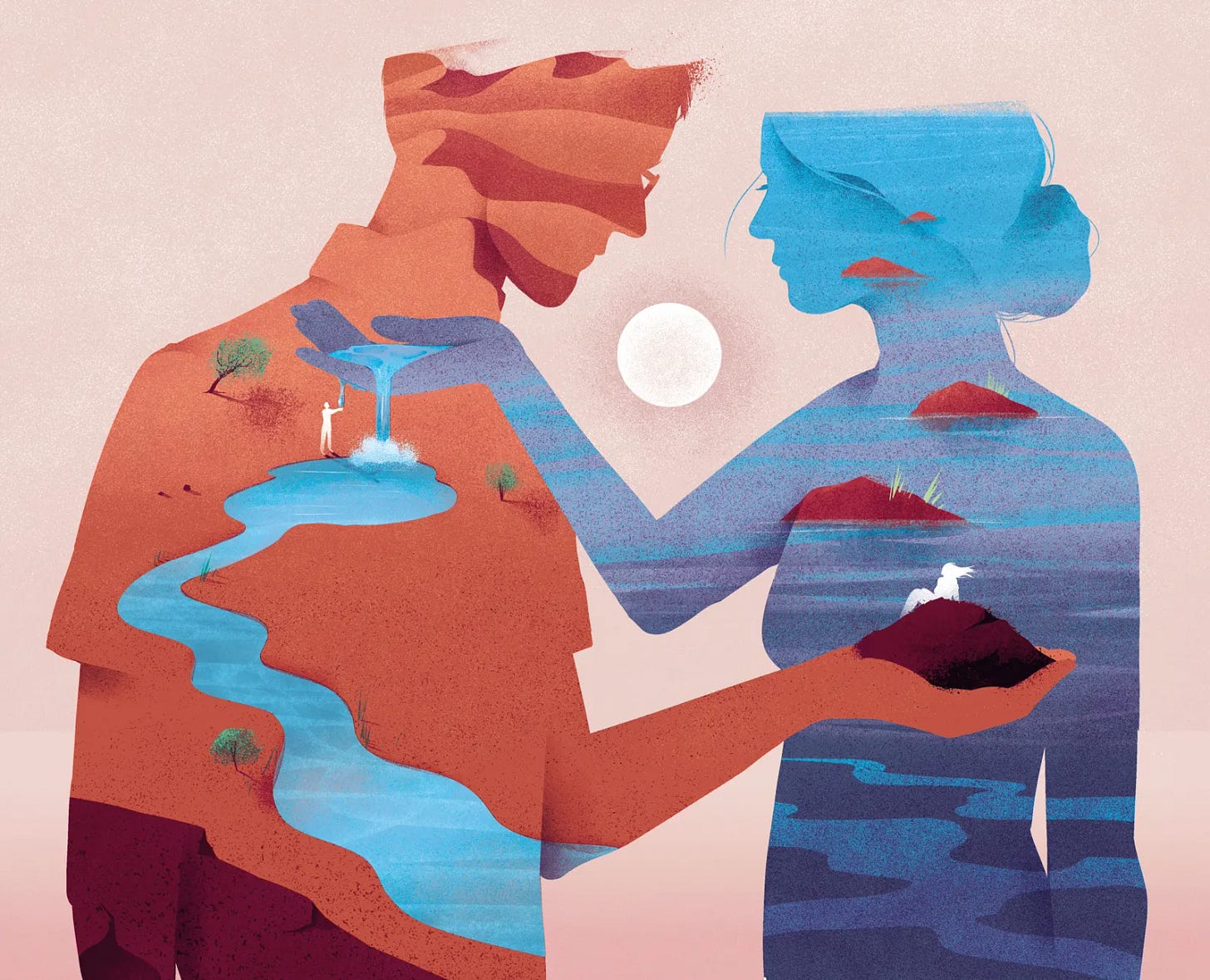 An abstract illustration of a woman and a man facing each other. The woman’s body is depicted as a blue ocean landscape with small islands, while the man’s body is a barren, reddish desert. The woman extends her hand, pouring a stream of water into the man’s chest, where a river begins to flow through him. The man holds a small piece of land with a white bird on it, but his posture suggests he is receiving more than giving. The imagery evokes emotional labor, care, and one-sided giving.