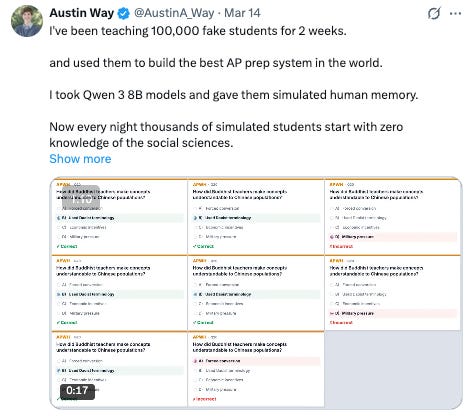 Austin Way의 트윗으로, Qwen 3 8B 모델을 활용해 10만 명의 가상 학생을 교육하여 AP 준비 시스템을 구축했다는 내용을 담고 있다.