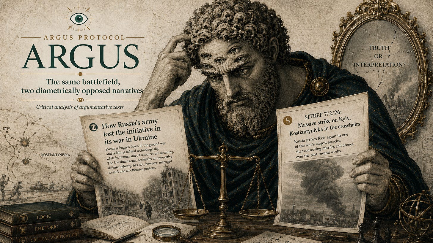 Antique engraving-style illustration showing the many-eyed giant ARGUS seated at an analysis desk. He holds two articles presenting opposing narratives about the war in Ukraine: one says the Russian army has lost the initiative, the other describes a massive Russian strike on Kyiv. ARGUS looks perplexed and scratches his head, while scales, maps, a magnifying glass, books on logic and rhetoric, and a mirror asking “Truth or interpretation?” evoke the critical examination of media narratives. Antique engraving-style illustration showing the many-eyed giant ARGUS seated at an analysis desk. He holds two articles presenting opposing narratives about the war in Ukraine: one says the Russian army has lost the initiative, the other describes a massive Russian strike on Kyiv. ARGUS looks perplexed and scratches his head, while scales, maps, a magnifying glass, books on logic and rhetoric, and a mirror asking “Truth or interpretation?” evoke the critical examination of media narratives.