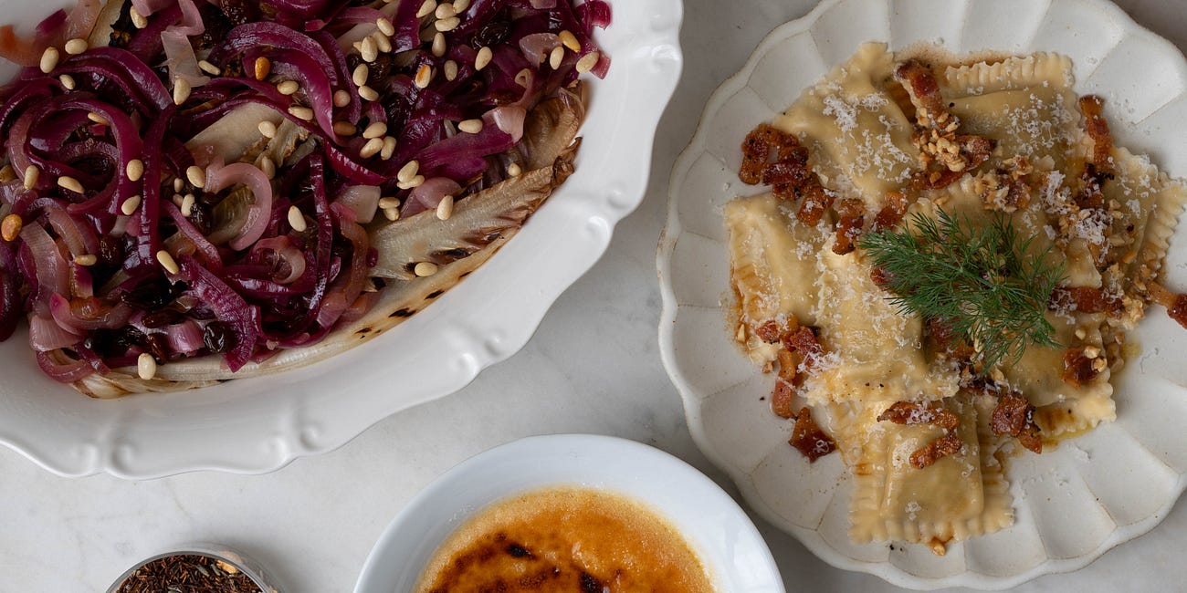 Radicchio in Saor, home-made Pumpkin Ravioli and Rooibois Crème Brûlée