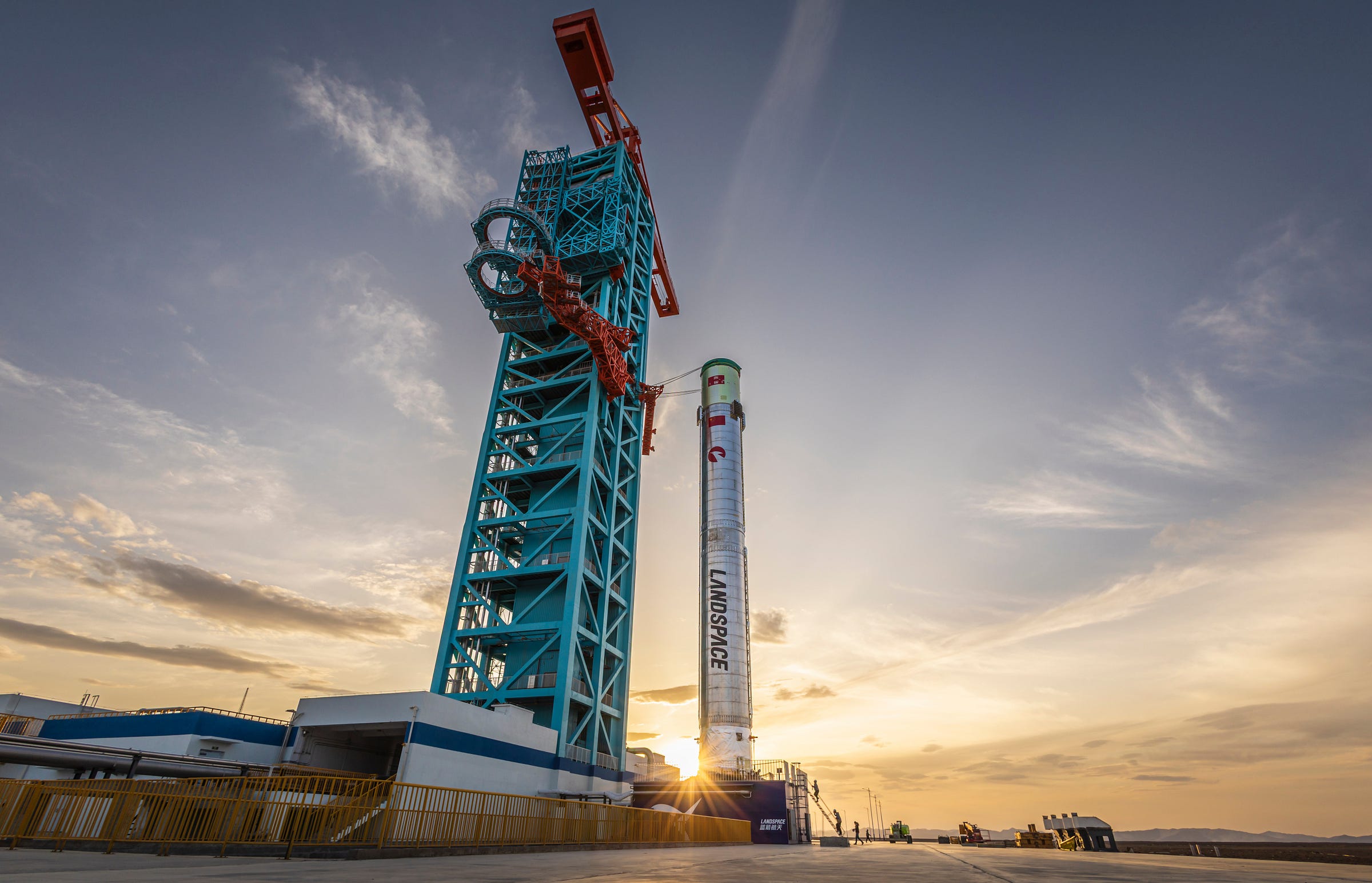 LandSpace’s Zhuque-3 first-stage booster test article at Launch Area 96B for the static fire test.