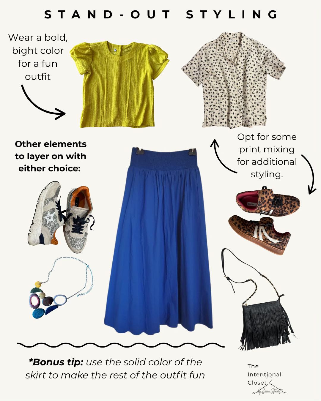 maximalist style, print mixing, stand out style, blue skirt
