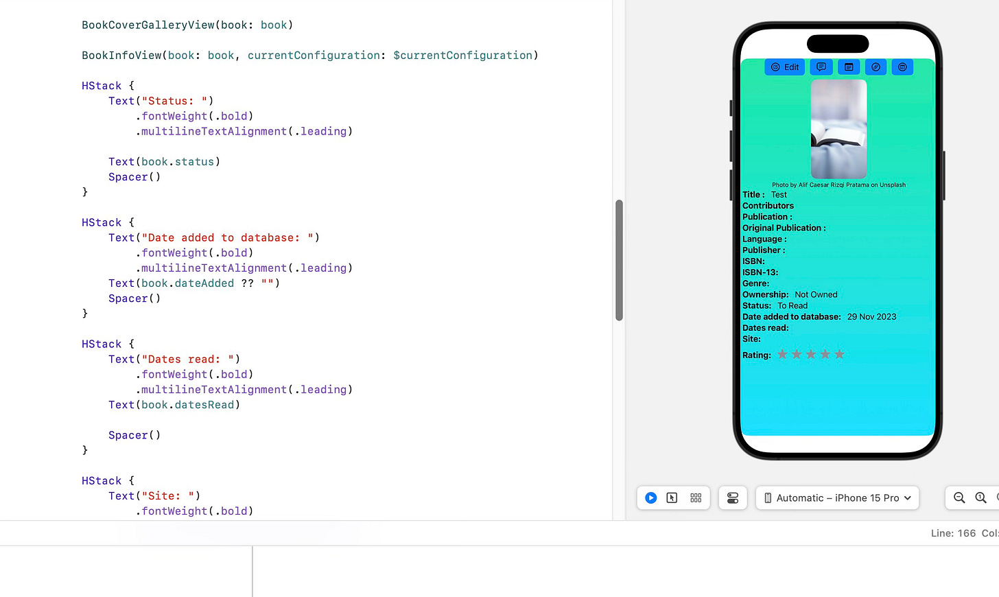 Screenshot depicting code previews in Xcode